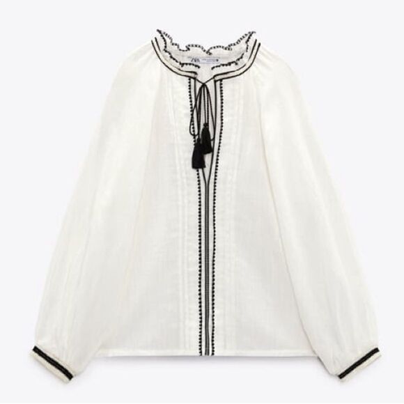 ZARA EMBROIDRED PIN TUCK BLOUSE ECRU - Picture 4 of 4